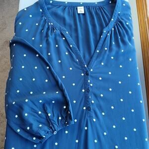 Old Navy Blue Polka Dot Swing Henley Blouse XL long sleeve flowy boho
